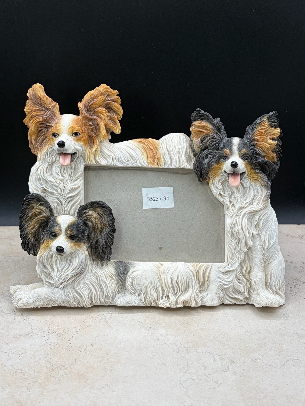 Vintage 1990's Three Papillon Picture Frame 4"x6" Hard Resin Dogs